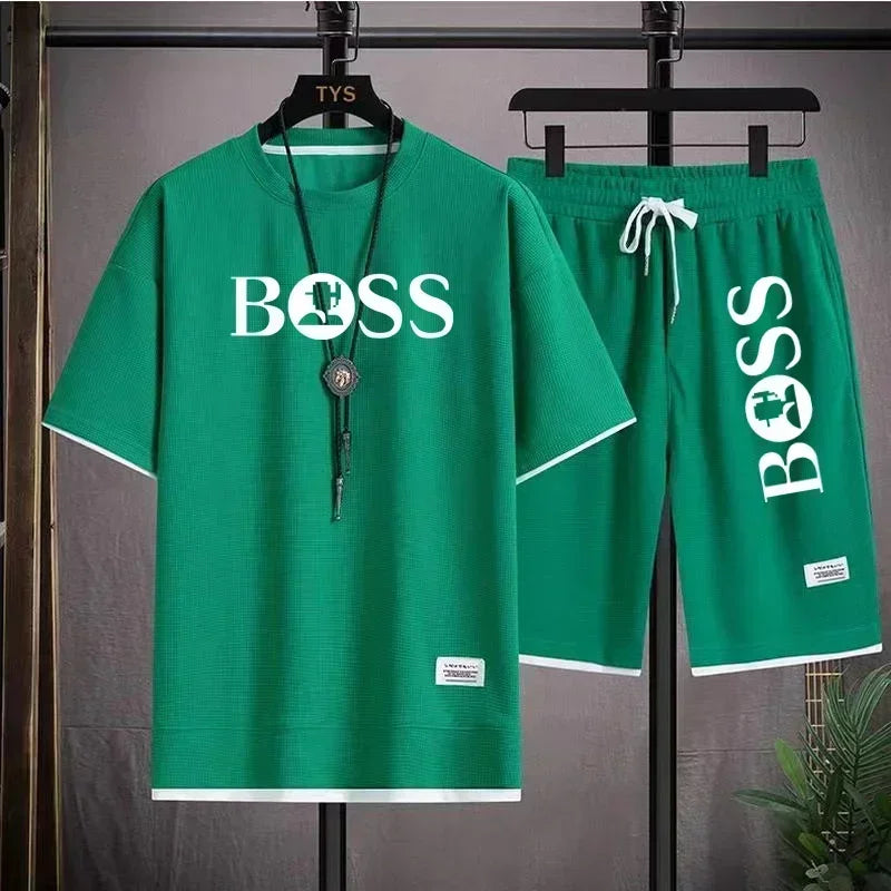 Summer 2025 new men's breathable short-sleeved T-shirt + quick-drying shorts two-piece set, outdoor fashionable men's sportswear
