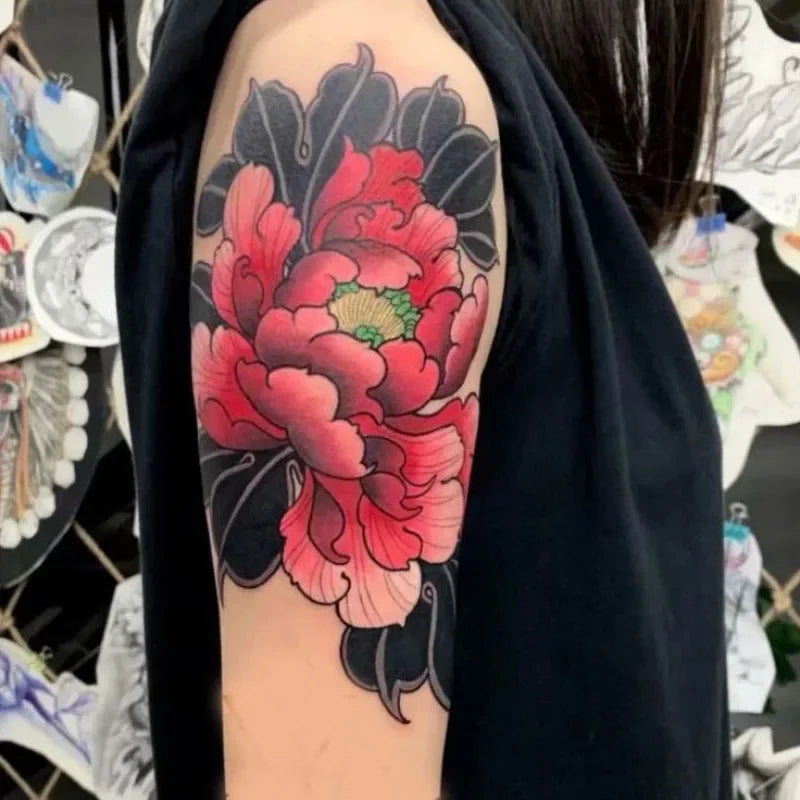 Vintage Red Flower Peony Temporary Tattoos Tatto Thigh Waist Body Art Waterproof Realistic Transfer Fake Tatoo Sticker
