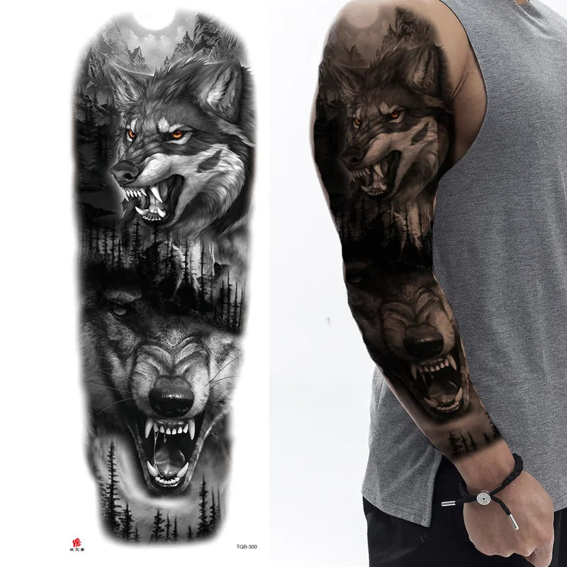 Large Arm Tattoo Sticker Full Sleeve Temporary Tattoos for Men Fish Wolf Tiger Tattoo Fake Tatoo for Women Waterproof Body Art