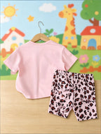 Sweet Cool Style Cartoon Cat Leopard Print Girls Short Sleeve Shorts Set New Arrival