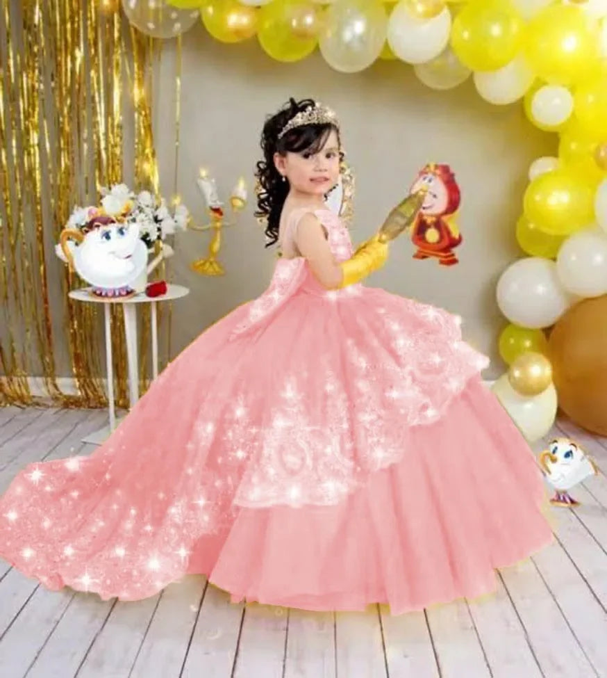 Gold Girls Princess Dress 2024 Tulle Tiered Flower Girl Dress Toddlers Beaded Lace Pageant Dress Customized Birthday Party Gowns