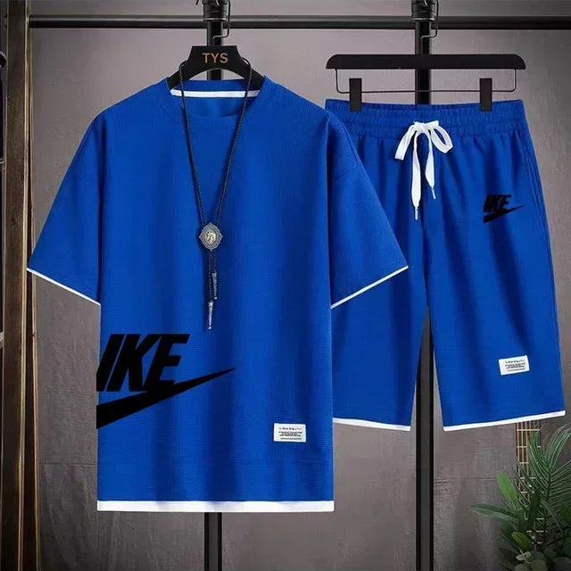 Hot selling summer men's casual short sleeved T-shirt shorts sports set outdoor breathable jogging shorts 2-piece set