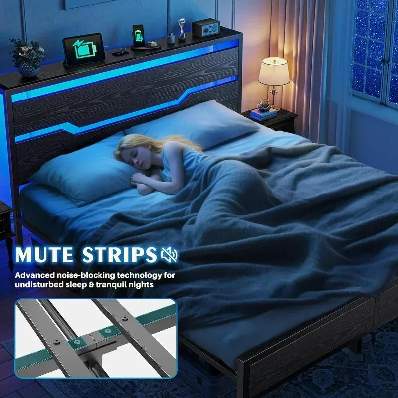 Bed Frame with LED Lights & Charging Station, King Bed Frame and Headboard,13" Under Bed Storage,Metal Slats Support Customized