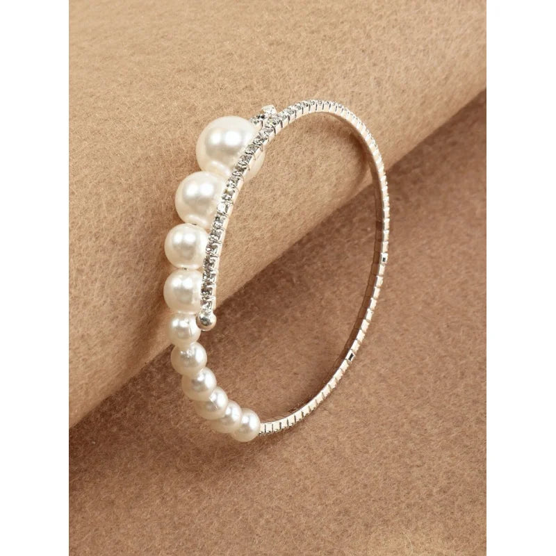 1pc Fresh & Elegant Diamond Inlaid Faux Pearl Open Ended Adjustable Bracelet