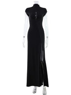 Ahagaga Fashion Women's Maxi Dresses Half High Collar Solid Sexy Single Breasted High Split Short Sleeves Sheath Streetwear Fit