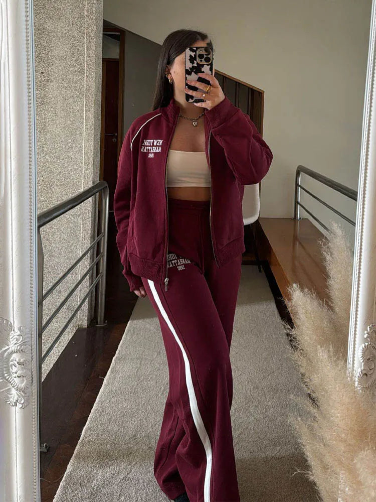 HH Women's Pant 2-Piece Set Female Fashion Versatile Printed Velvet Zip Jacket+Commuting Elastic Waist Belted Casual Pants