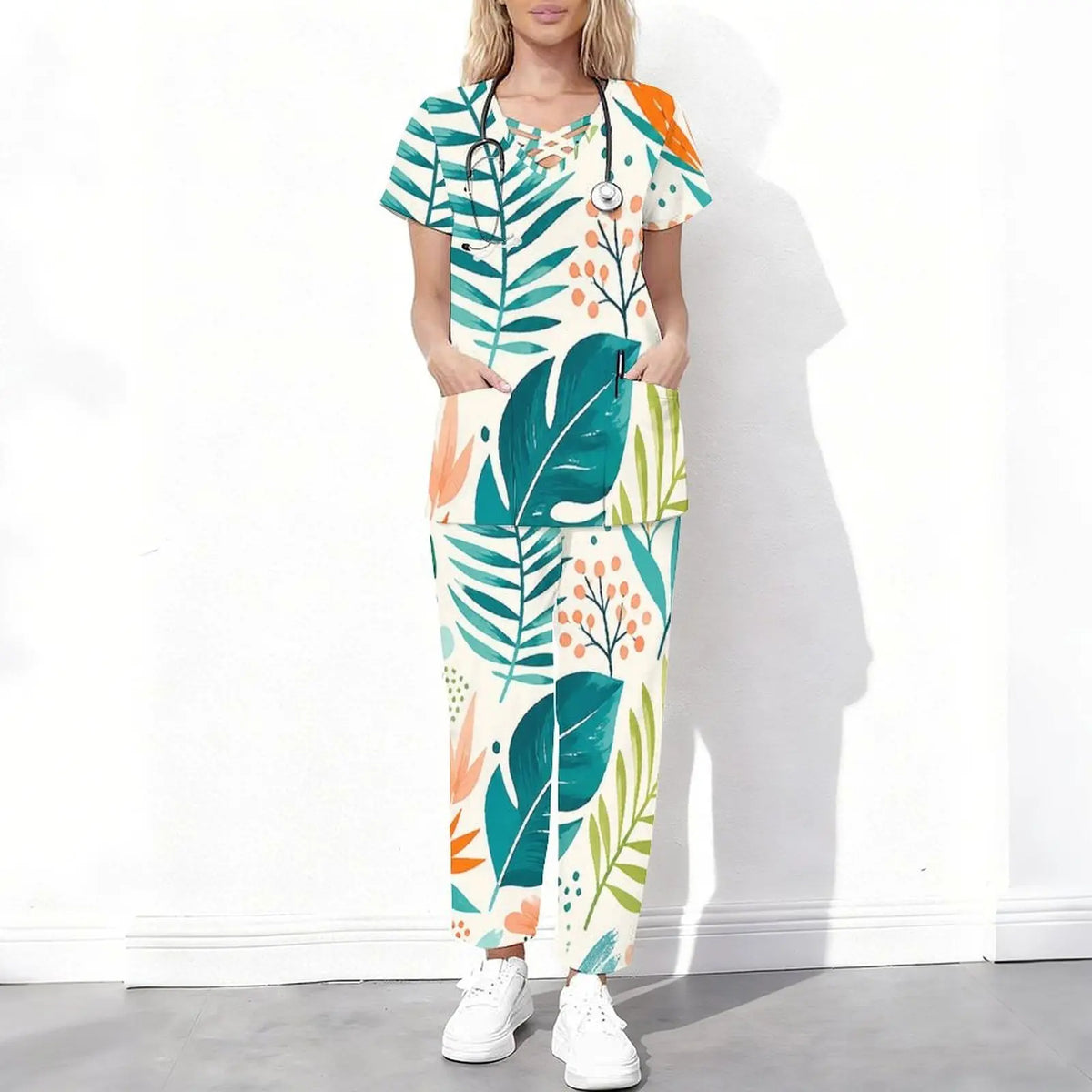 Women Abstract Fruit Leaf Print Short Sleeve Cutout Neck Scrub Set Pockets Top Long Pants Two Piece