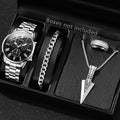 4PCS Black Men's Watch Set Business Trend Fashion Roman Digital Scale Dial Quartz Watch Bracelet Necklace Ring Set Perfect Gift