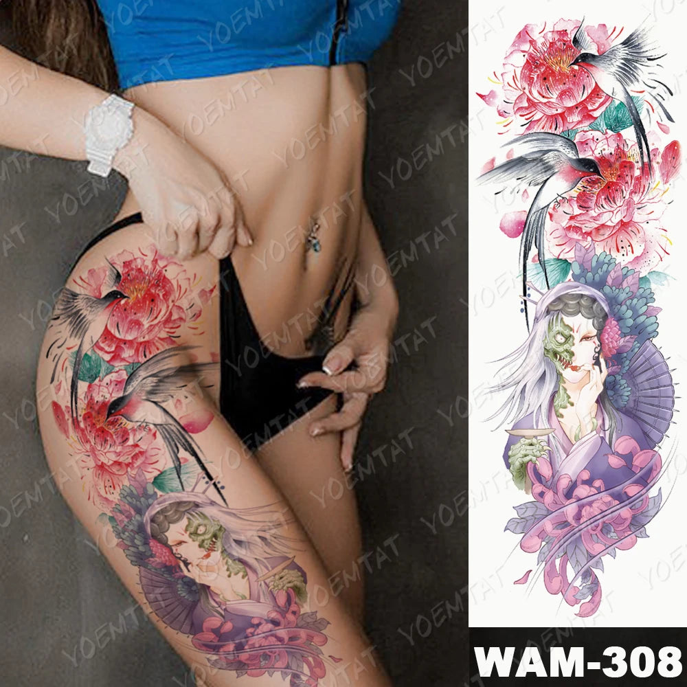 Large Arm Sleeve Tattoo Gun Rose Lion Waterproof Temporary Tattoo Sticker Clock Flower Waist Leg Body Art Full Fake Tatoo Women