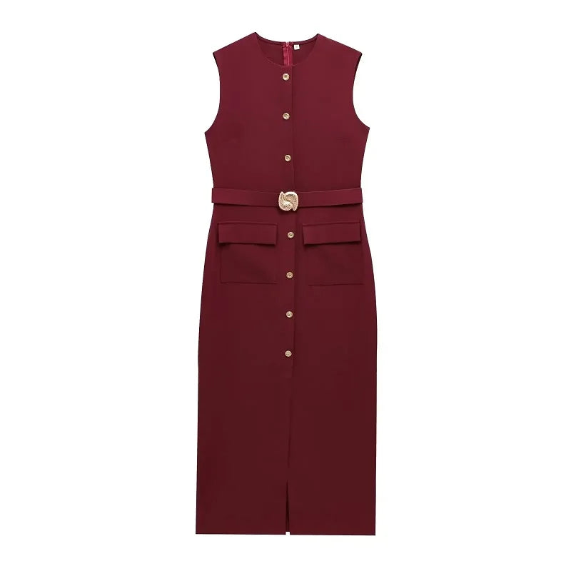 WOMAN 2025 Women's Dresses Black Office Long Dresses for Women Spring Sleeveless Midi Dress Woman Belt Button Women's Dress Vest