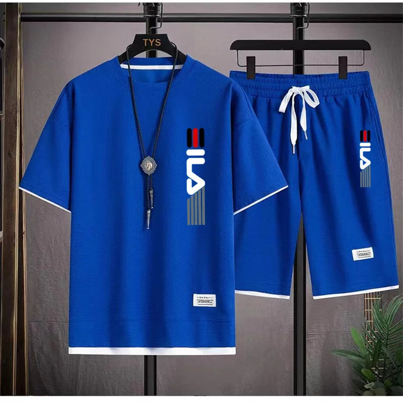 Men's summer 2026 fashionable outdoor new casual short sleeved T-shirt set, round neck hooded sweatshirt+sports shorts two-piece