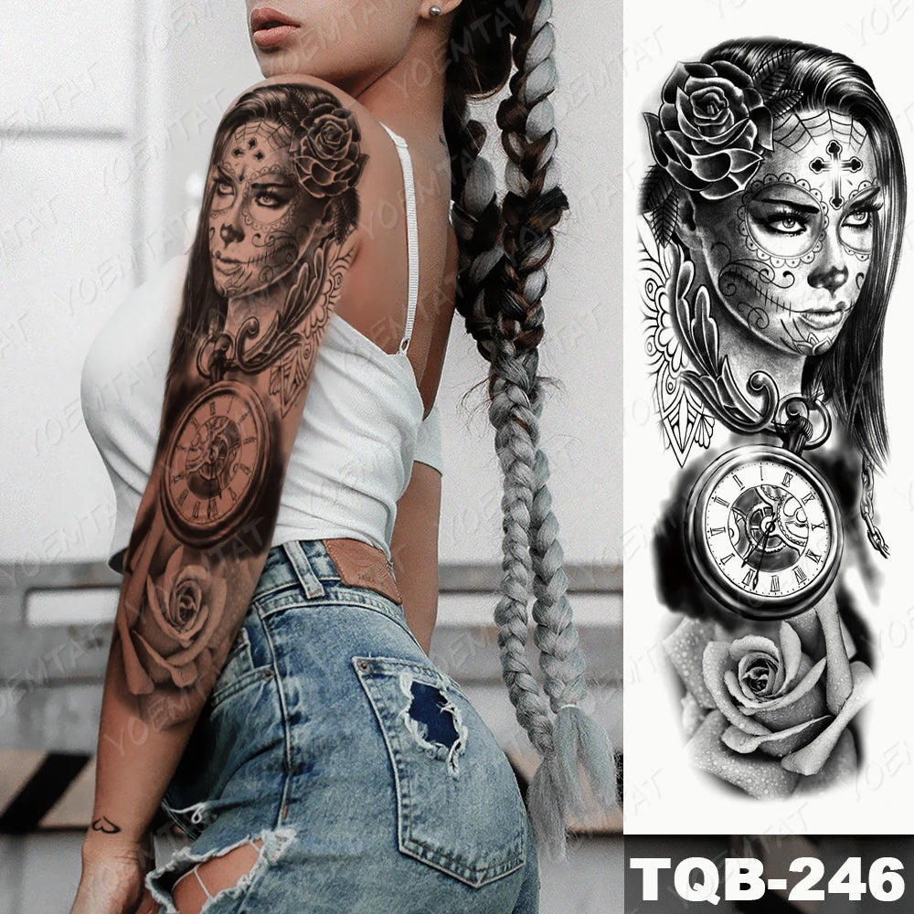 Large Arm Sleeve Tattoo Gun Rose Lion Waterproof Temporary Tattoo Sticker Clock Flower Waist Leg Body Art Full Fake Tatoo Women