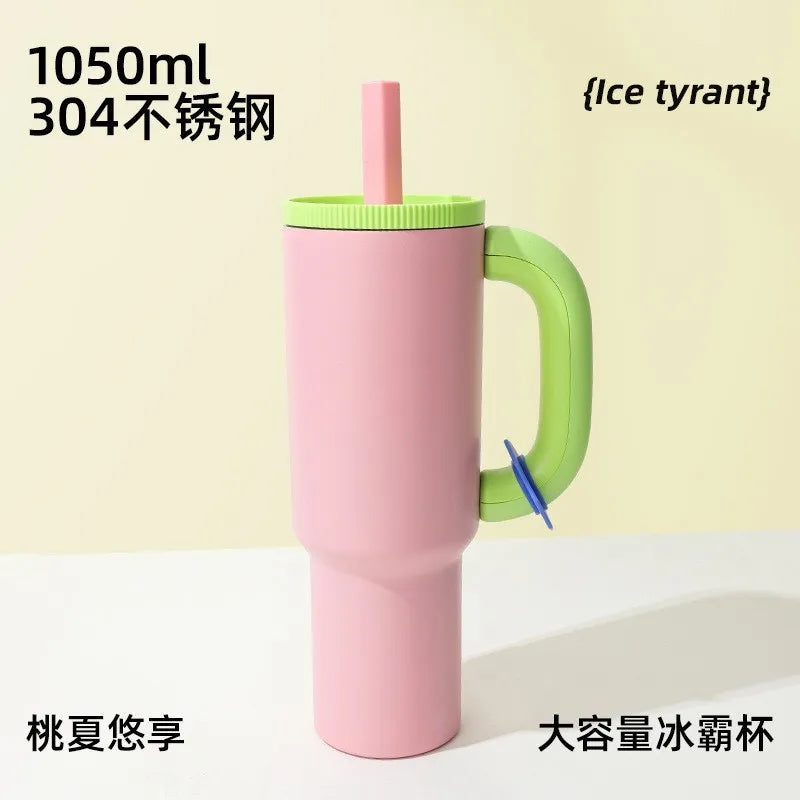 1050ml Insulated Mug with Handle and Straw Ice Cup Large Capacity Tumbler Stainless Steel Water Bottle Office Home Thermal Mug