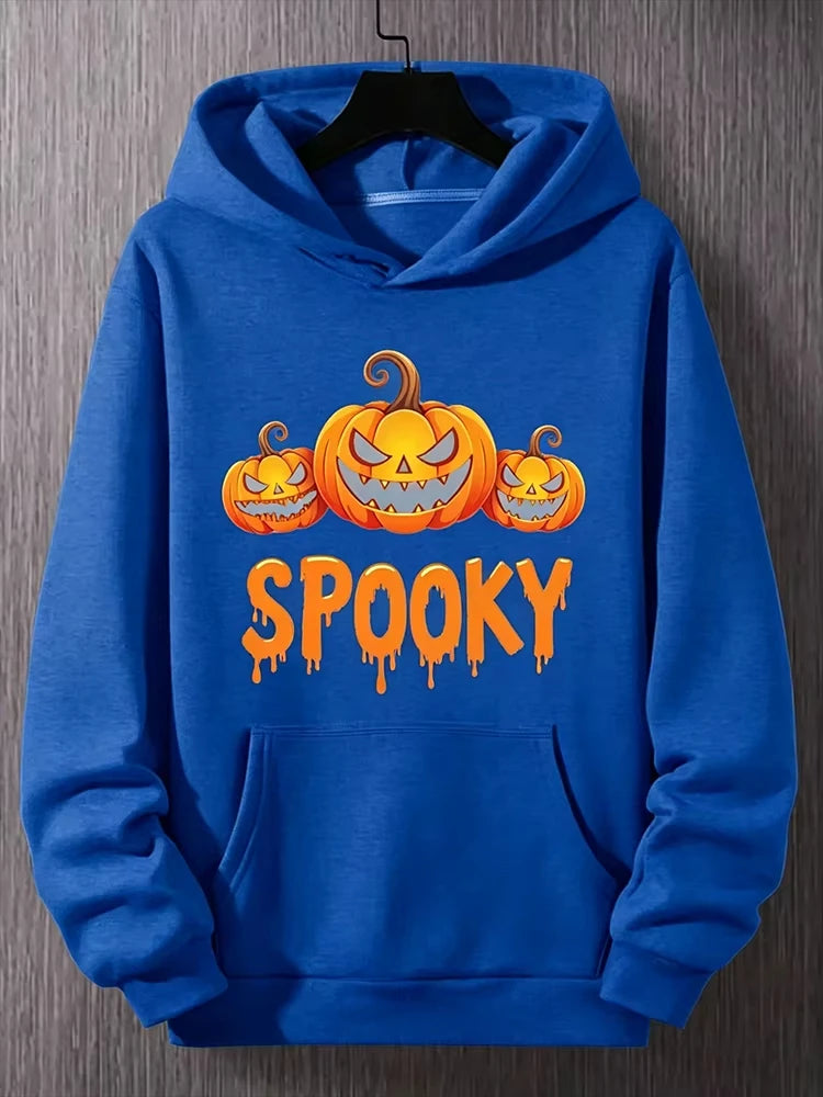 2026 Men Halloween Hoodie Spooky Pumpkin Graphic Print Pullover Hooded Sweatshirt Autumn Casual Long Sleeve Streetwear Tops