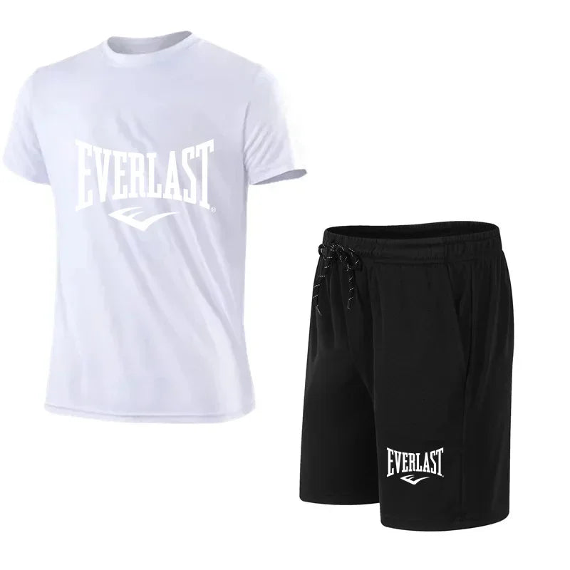 Men's T-shirt + Shorts 2-piece Set - Comfortable and Breathable Short-Sleeved Sporty Running Fitness Brand Printed Clothing