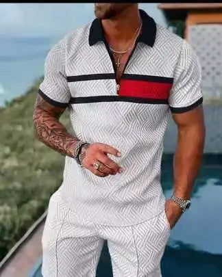 2026 Summer Men Matching Set Short Sleeve Polo Shirt Shorts Breathable Vacation Sports 2 Piece Outfits Men's Short Suit Set