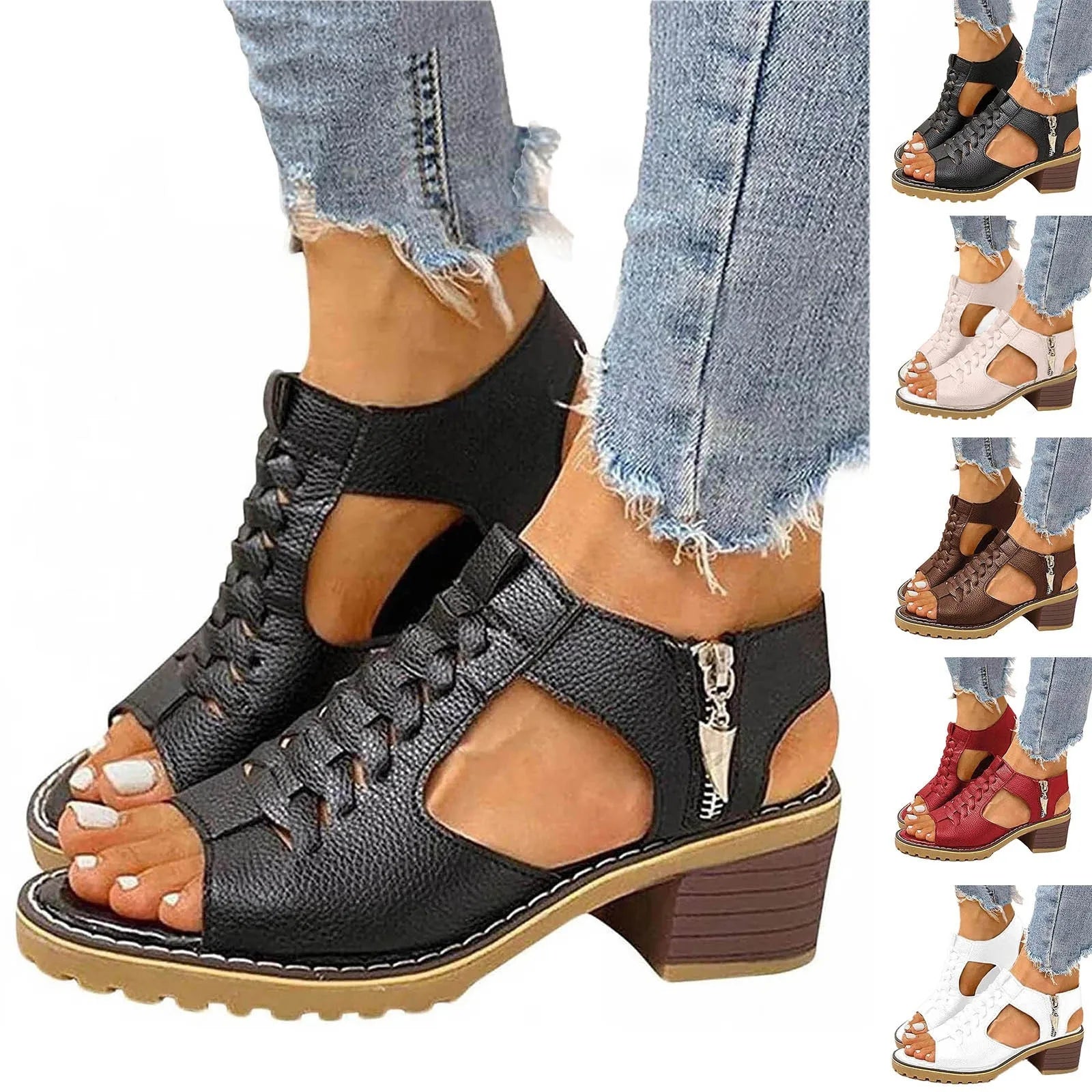 Womens Square Heeled Chunky Sandals Summer Fashion Hollow Out Leather White Sandals Open Toe Breathable Sandals Wedge Shoes