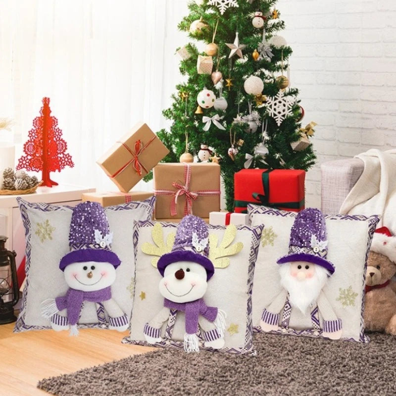 Cute Cartoon Christmas Cushion Cover Purple Sequin Santa Hat Pillowcase 3D Christmas Snowman Santa Claus Reindeer Pillowcase