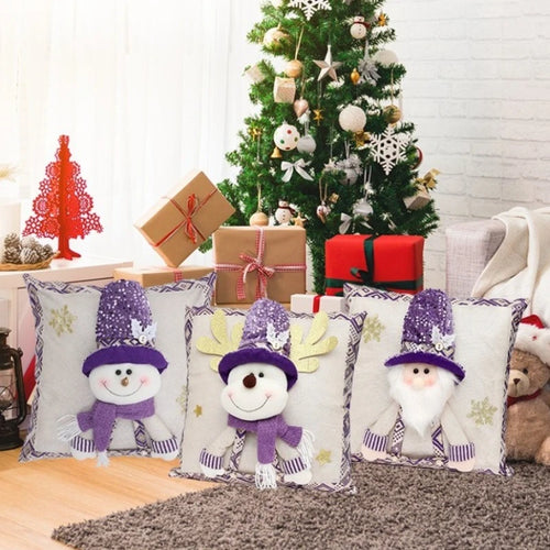 Cute Cartoon Christmas Cushion Cover Purple Sequin Santa Hat Pillowcase 3D Christmas Snowman Santa Claus Reindeer Pillowcase