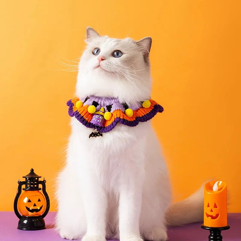Cat Collar Halloween Costumes for Cats Puppies Knit Witch Hat Neck Piece for Halloween Party Decoration Funny Pumpkin Hat Set