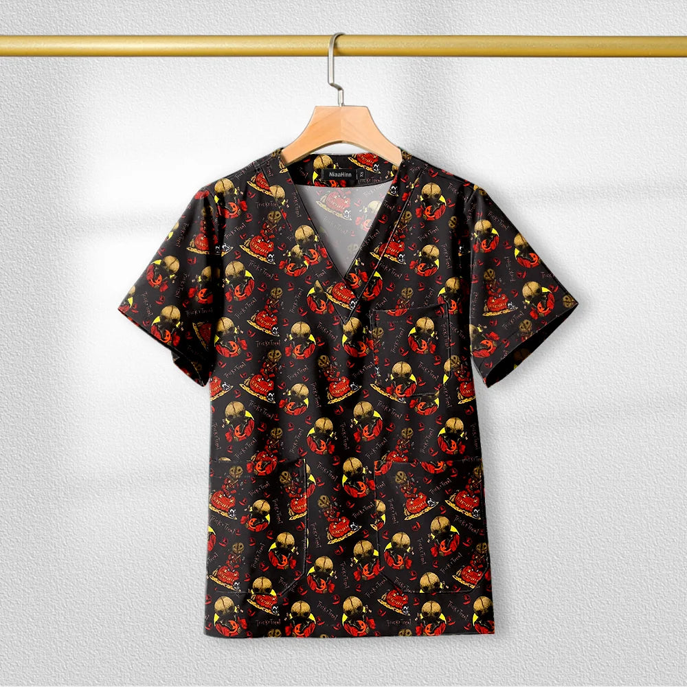 Short Sleeve V Neck Print Christmas Uniform Nursing Tops Male Scrub Nurse Working Uniforms T-Shirts Workwear Women Beauty Scrubs