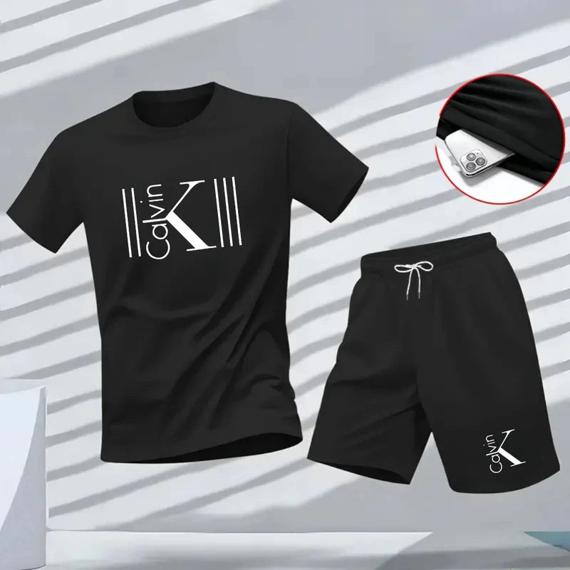 New summer fitness sportswear for men, short-sleeved T-shirt and shorts two-piece set, breathable and quick-drying casual wear.