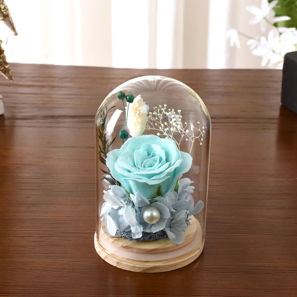 Little Artificial Rose Flowers Valentine's Day Flower Gift to Girlfriend Mother's Glass Dome Bell Jar at Valentine's Day Wedding
