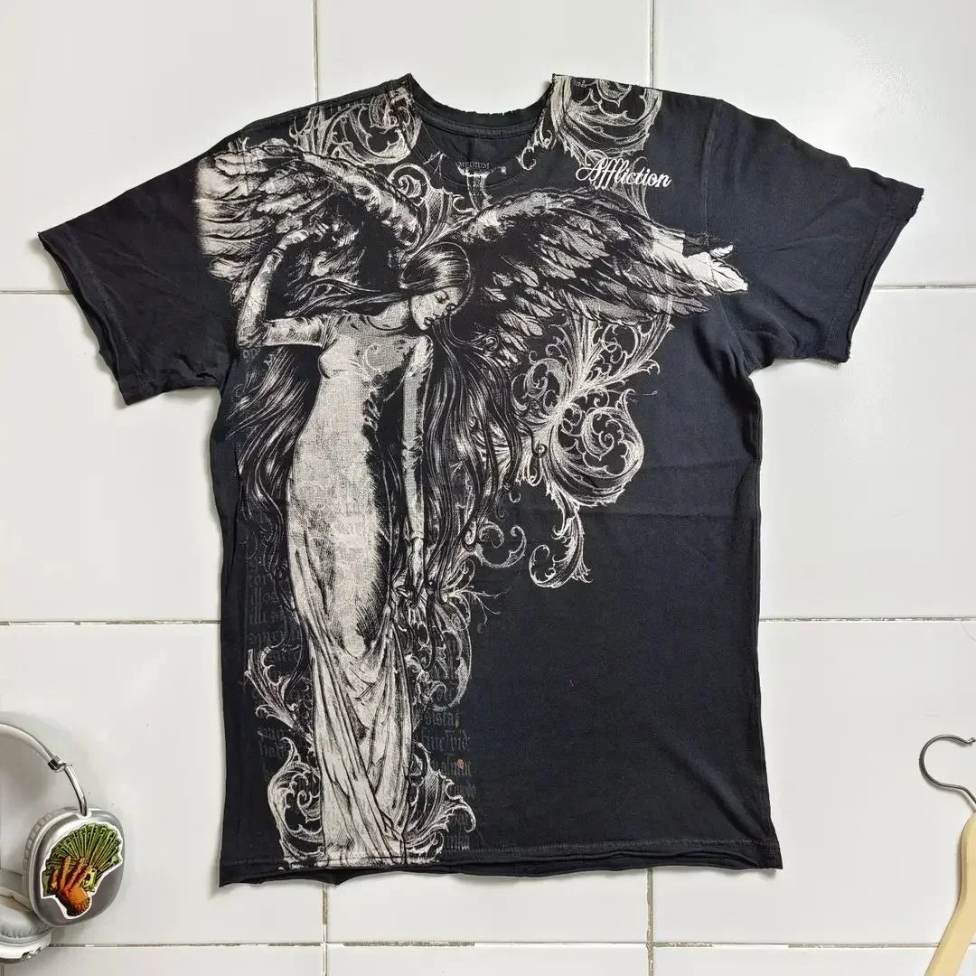 2000s affliction T-shirt Vintage Clothing Punk Hip Hop Graphic Print Oversized T shirt Men Round Neck Cotton Short Sleeve Tops