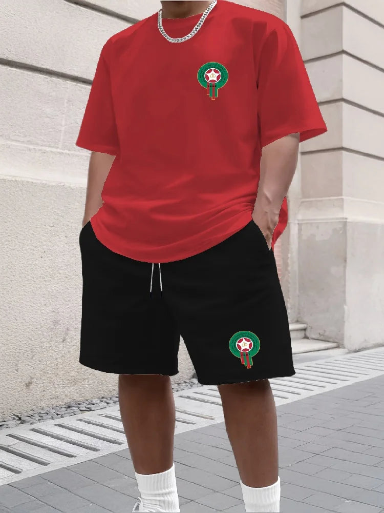 Youth Men's Fashionable Casual Sports Two-Piece Set Print Summer Short-Sleeved T-Shirt And Shorts Ensemble