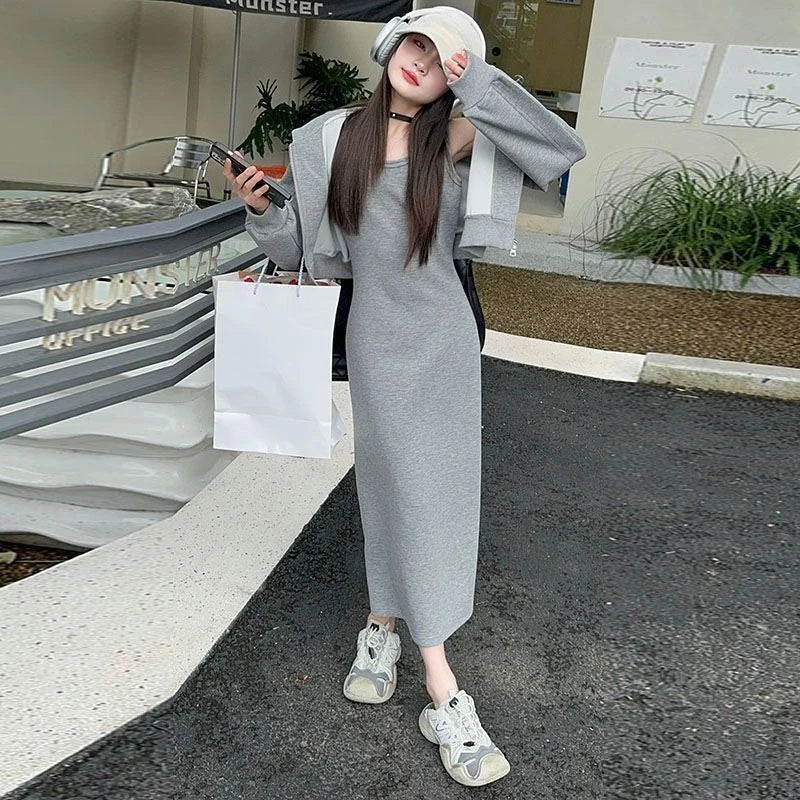 2025 Spring/Autumn Girls' Sporty Two-Piece Set - Short Hoodie Jacket & Long Spaghetti Strap Dress, Versatile for 4-12 Years Old
