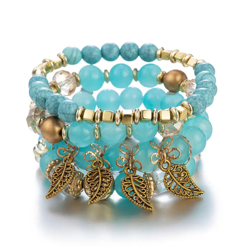 4Pcs Fashion Stone Beads Bracelets Set For Women Retro Gold Color Leaves Charm Beaded Chain Handmade Bangle Boho Jewelry