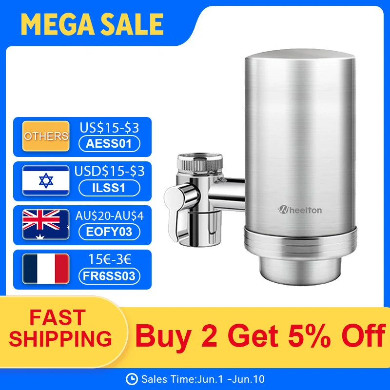 Wheelton Stainless Steel Kitchen Tap Filter Household Ceramic Water Purifier Faucet Water Filter  Activated Carbon Filtration