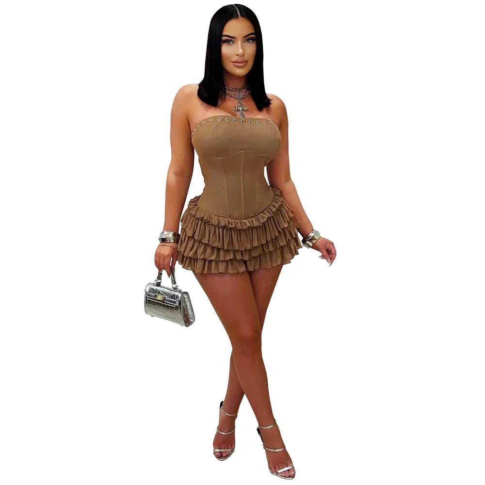 Y2k Vestidos Para Mujer Solid Color Elegant Strapless Puffy Ruffles Slim Fit Mini Dress Curvas Pleated Sexy Short Dress Women