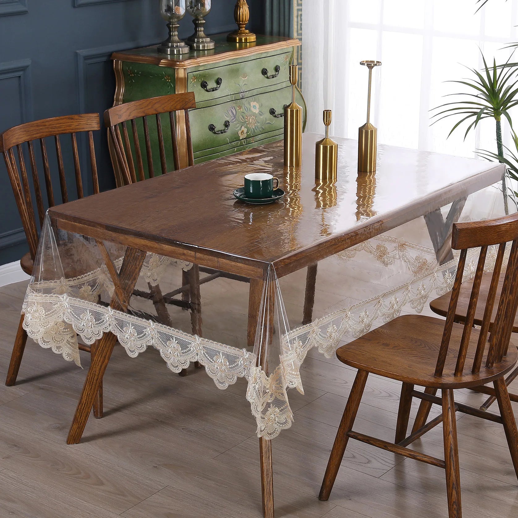 Clear Plastic Waterproof Tablecloth,Vinyl PVC Rectangle Table Cloth Oilproof Lace Table Cover for Dining Table Outdoor Decor