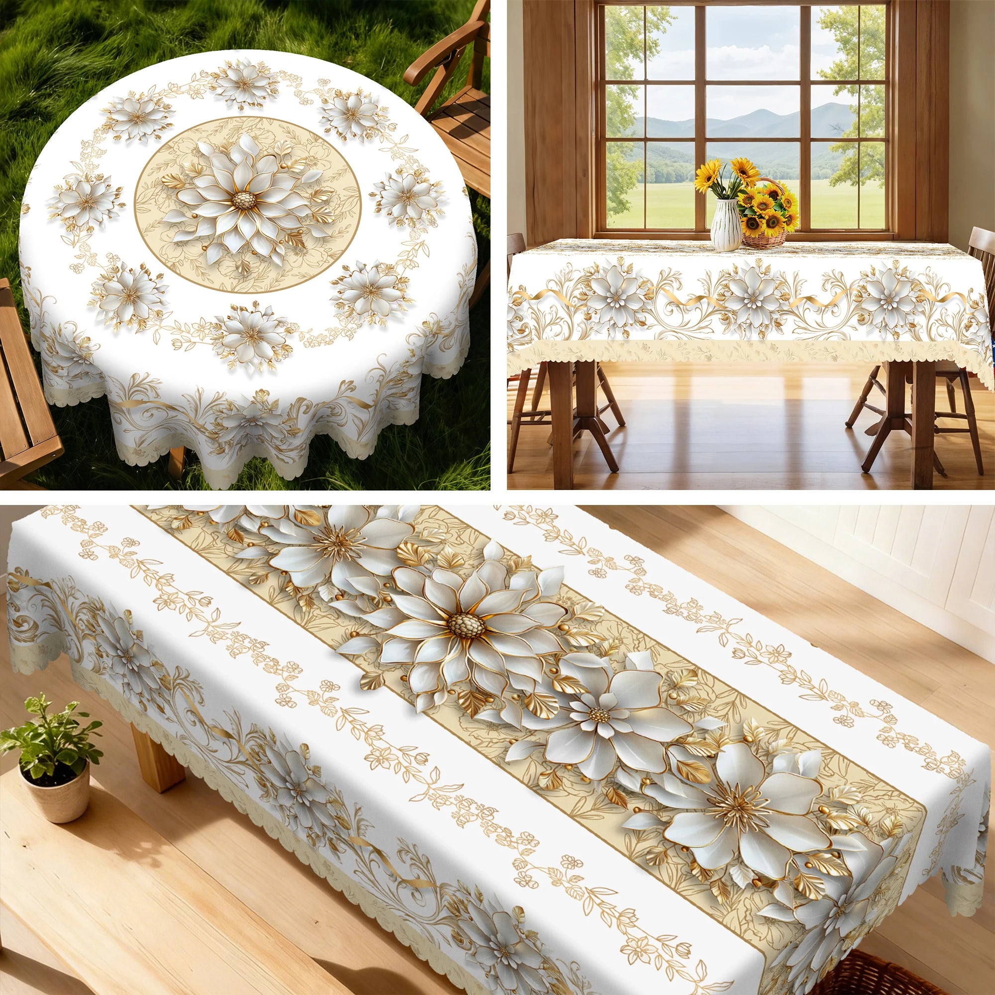 Elegant Floral-Themed Printed Tablecloth, High-Quality White and Gold Pattern, Embossed Edges, Durable, Waterproof, Oil-Proof, Stain-Resistant, Wrinkle-Resistant, Non-Fading, Machine Washable, Reusable, Perfect Gift for Famil