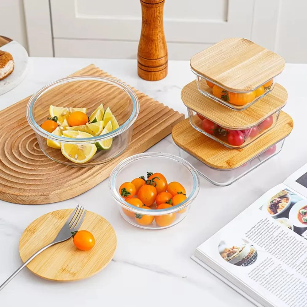 Glass Fresh-Keeping Box Heat-Resistant Bamboo Lid Microwave Oven Lunch Box Leakproof High Borosilicate Office Worker Bento Box