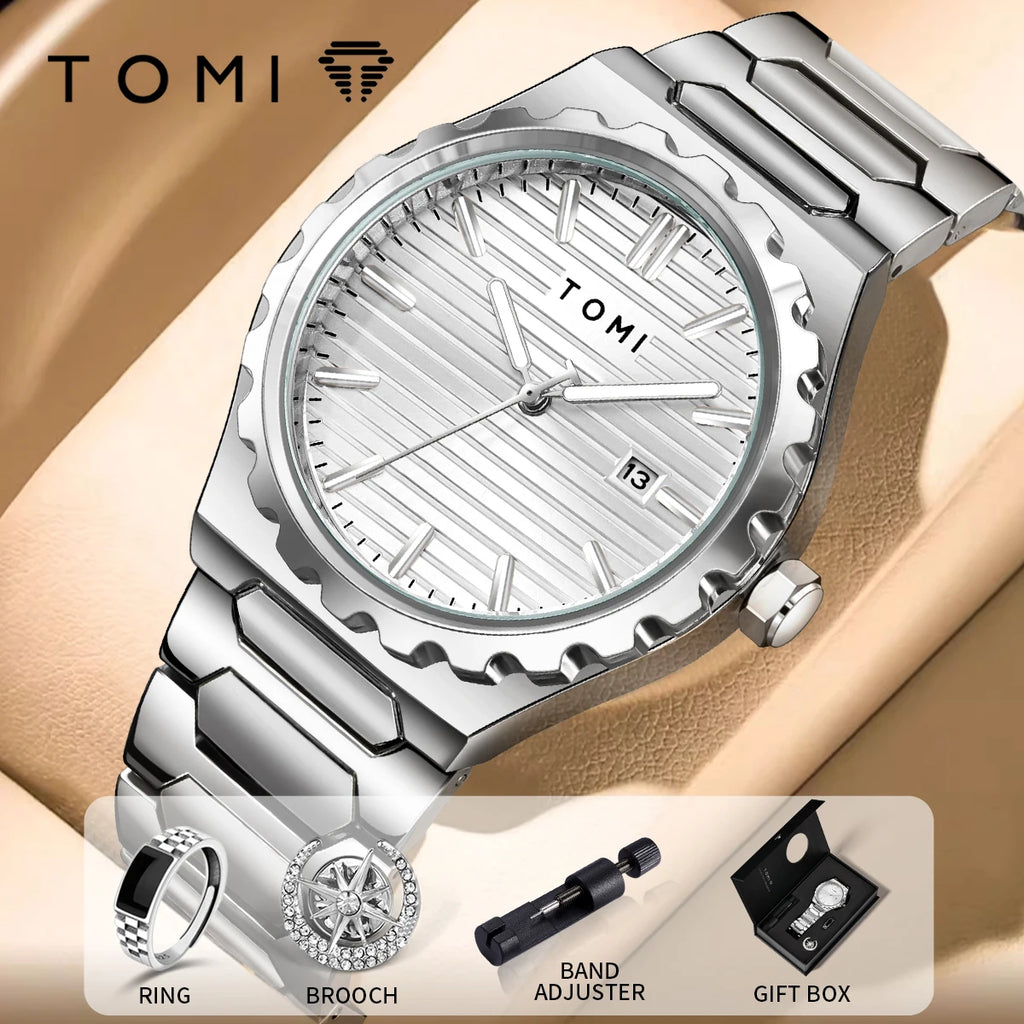 TOMI New 4PCS Luxury Men Watch Gift Set High Quality Steel Strip Striped Dial Calendar Men Quartz Watch Clock Gifts Reloj