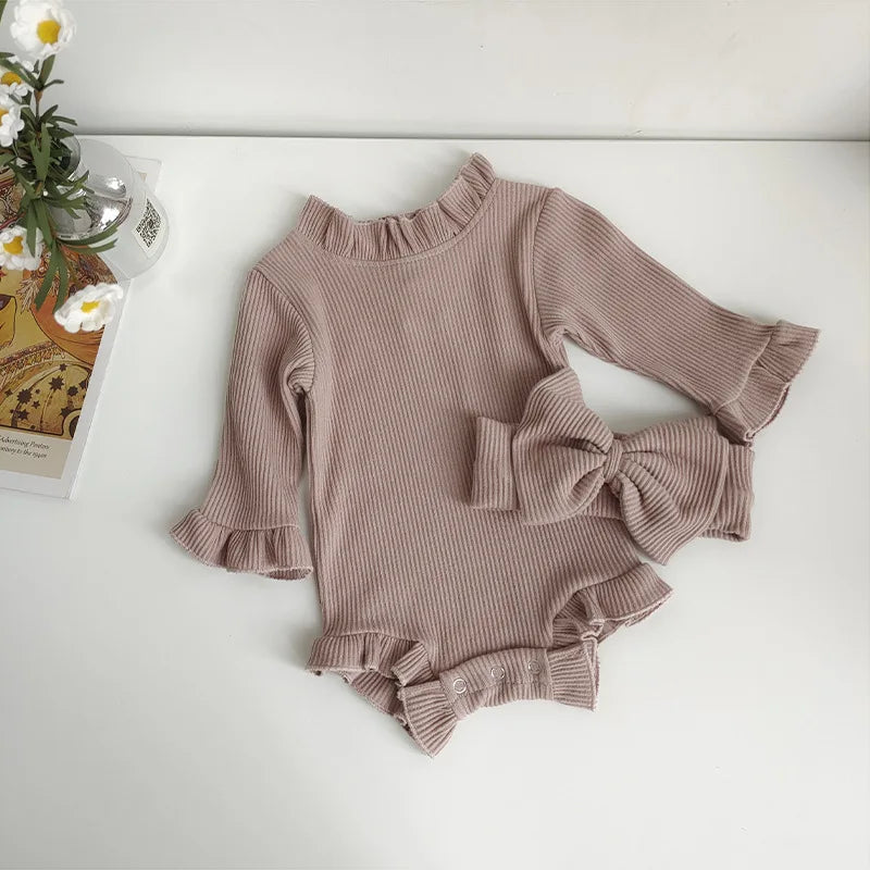 New Spring and Autumn Pit Stripe Rompers for Infants and Young Children Headband Set Girls Baby Bodysuits