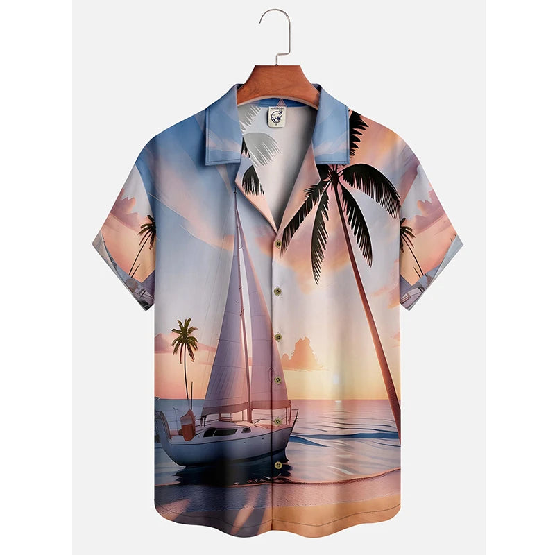 Men's Hawaii Summer Dusk Pattern Casual Shirt 3D Beach Funny Short Sleeve Womens Clothes Blouse New Hot Sale Floral y2k Tops 4XL