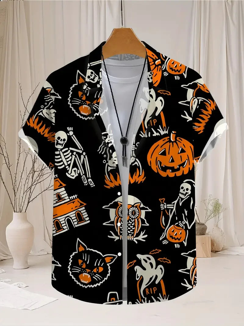 New Halloween Series 3D Printed Casual Pumpkin Short Sleeved Shirt for Men Beach Wear Summer Clothing