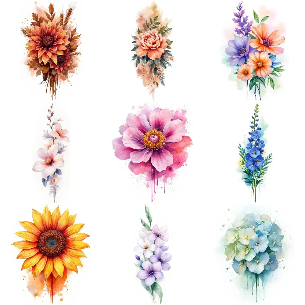 9pcs Colorful Flower Temporary Tattoos Stickers 3D Disposable Body Arm Tatoo Sticker Men Women Waterproof Fake Tatoos