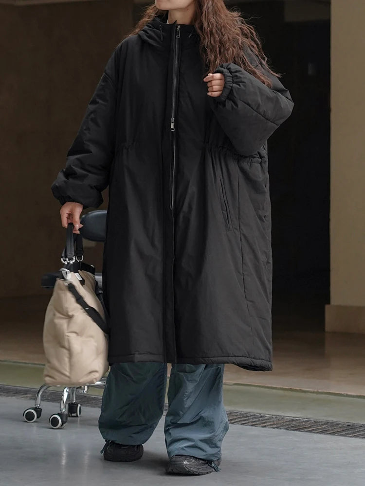 [EAM] Black Big Size Long Cotton-padded Coat Long Sleeve Loose Fit Women Parkas Fashion Tide New Autumn Winter 2026 1DH2804