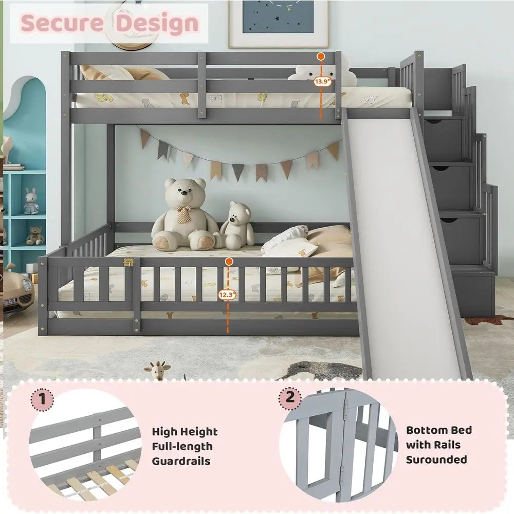 Gray Twin Over Full Bunk Bed with Slide, Stairs, and Storage for Kids