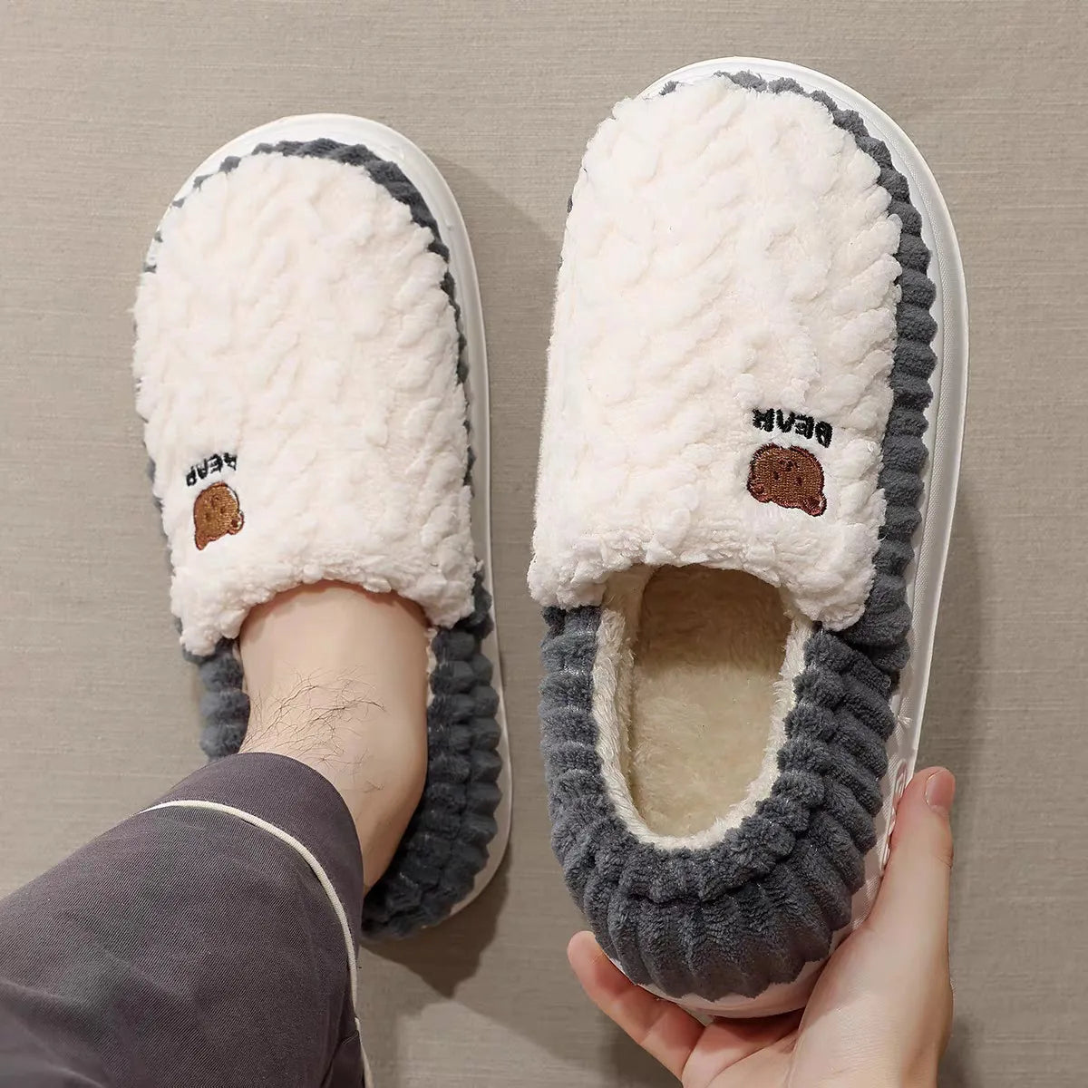 Big Size 48 49 Men Home Slippers Winter Warm Plush Slides Couples Indoor Flats Anti-slip Bedroom Shoes Women Autumn Furry Slides