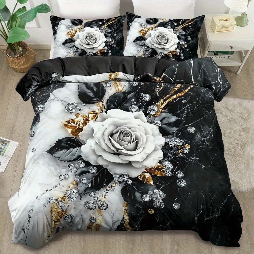 White Rose Black Marble Bedding Set Luxury 3D Print Duvet Cover Pillowcase Anti-Slip Durable For Bedroom Decor