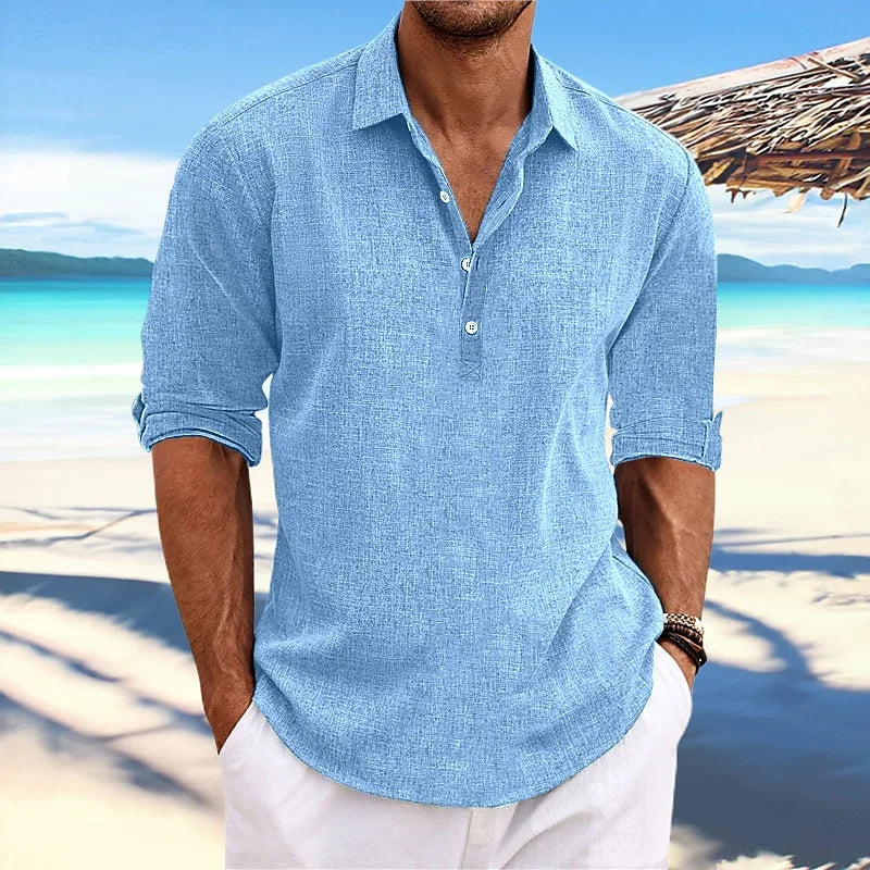 2026 Summer High Quality Men's Casual Cotton Linen Long Sleeve Shirt Solid Color Lapel Button Loose Tops Business Casual Blouse