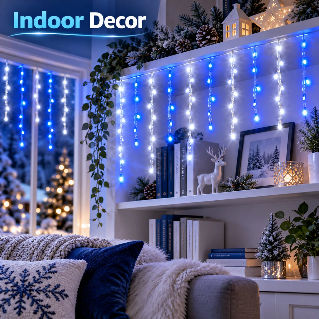 Christmas Icicle Lights USB Blue White 6/10M Alternating LED String Lights Hanging Drops for Roof Eaves Window Holiday Decor