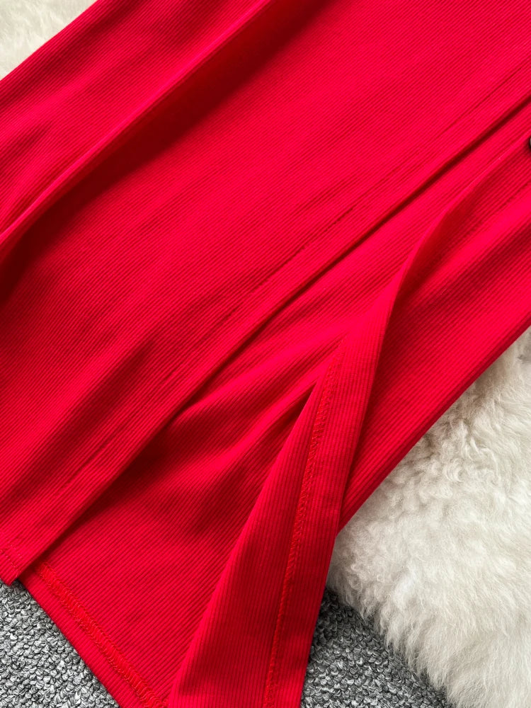Foamlina Summer Sexy 2 Pieces Set for Women Solid V Neck Sleeveless Crop Camis Top and High Elastic Waist Split Long Skirt Suits