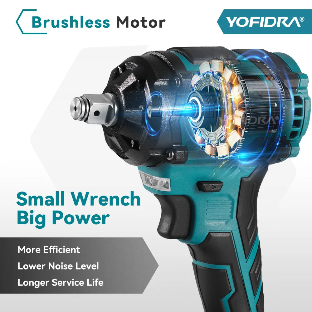 YOFIDRA 1000N.m Brushless Electric Impact Wrench 1/2" Cordless Rechargeable Socket Screwdriver Power Tool For Makita Battery Pin