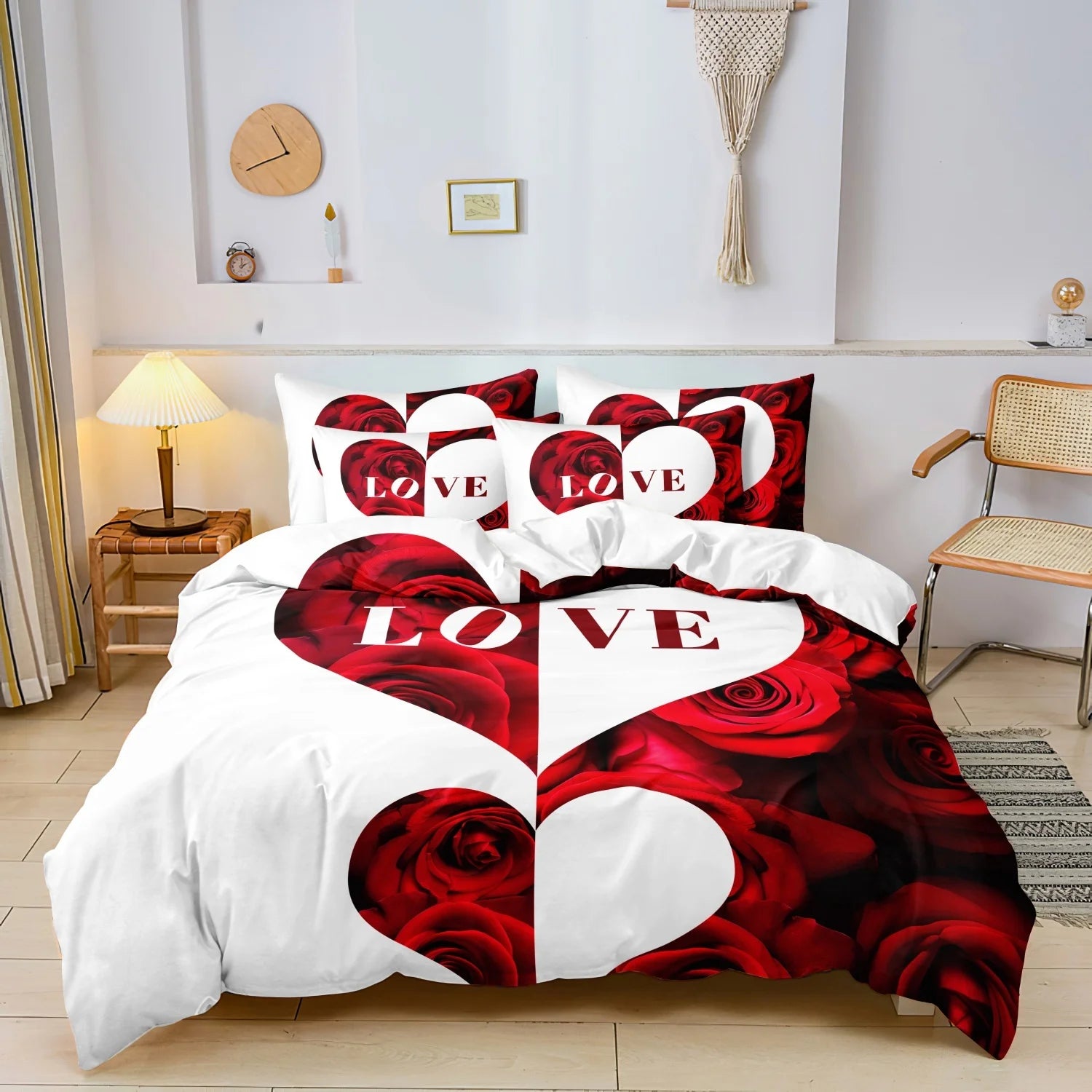 Dark Red And Black Three-Piece Bedding Set with Queen & King Size Featuring Printed English Letters on The Duvet Cover